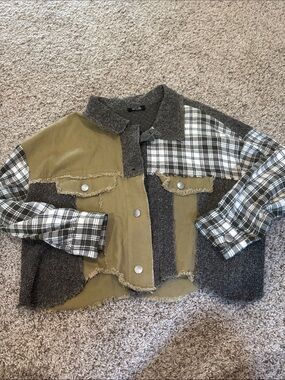 Miss Me Olive & Gray Patchwork Utility Jacket with Plaid Sleeves